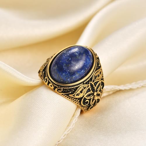 Retro Large Tiger Eye Stone Turquoise Wedding Ring For Men Classical Gothic Stainless Steel Rings - color: Gold-Blue