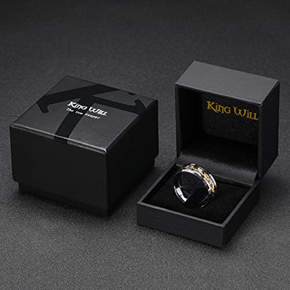 King Will Mens Wedding Band with Foils Inlay, Black/Silver/Gold Beveled Edge Glowstone Ring, 6mm/8mm Tungsten Carbide Rings Comfort Fit - color: Silver&Gold-8mm