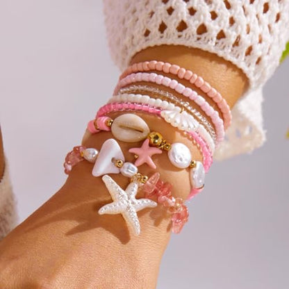 Boho Stackable Beaded Bracelet Set, Pink, Starfish Shell Pearl Charms, Elastic Handmade Layered Stretch Bracelets, Summer Beach Holiday Jewelry for Women - color: Pink A