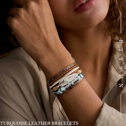 Bracelets for Women, Gifts for Mom Her Christmas Gift 2026 Leather Bracelets for Women Birthday Gift for Daughter Inspirational Wrap Bracelet Sister Friend Teen Girl Gift Layered Stocking Stuffers Jewelry - style: Brown-Turquoise