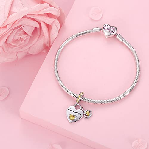 Birthstone Charms for Charms Bracelet: 925 Sterling Silver Heart Dangle Charms for Bracelets and Necklaces, Birthday Mother's Day Christmas Gifts For Women. - color: November