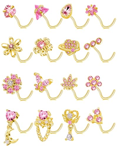 Tornito 16Pcs Nose Rings L Shaped Nose Stud Stainless Steel Butterfly Flower Leaf Heart Moon Dangle Nose Stud Ring Body Piercing Jewelry for Women Men 20G Pink Blue Clear CZ - color: F: Gold
