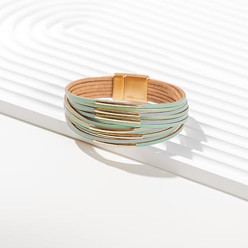 Gold Tube Leather Wrap Bracelets Boho Chunky Stackable Layered Western Cuff | Stacked Bohemian Cool Magnetic Clasp Bangles Statement Cowgirl Hippie Country Festival Accessories for Women Trendy - color: Mint