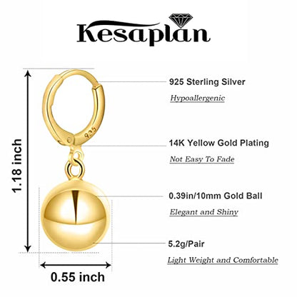 14k Gold Plated Ball Dangle Earrings for Women Sterling Silver Ball Drop Earrings Hypoallergenic Round Balls Hoop Earring Leverback Lightweight Earrings Fashion Jewelry - color: yellow