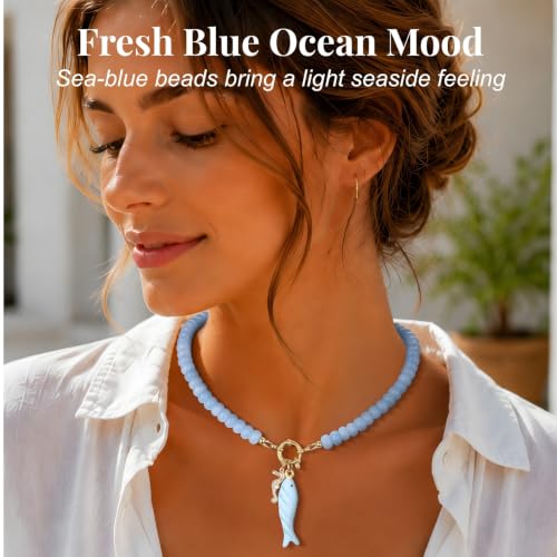 SAMYA Gemstone Beaded Necklace for Women | Ocean Charm Necklace with 8x4mm Natural Dyed Jade Beads, Adjustable 16"+2" Beach Necklace for Women - color: Aquamarine color