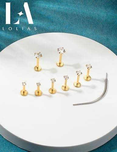 LOLIAS 14K Gold Plated Threadless Nose Studs, Nose Rings for Women 20G 18G | Hypoallergenic 316L Surgical Steel Labret Studs, Push In Flat Back Earrings, CZ Nose Nostril Tragus Helix Piercing Jewelry - color: 14K Gold Plated, size: 16G-2/2.5/3/4mm CZ