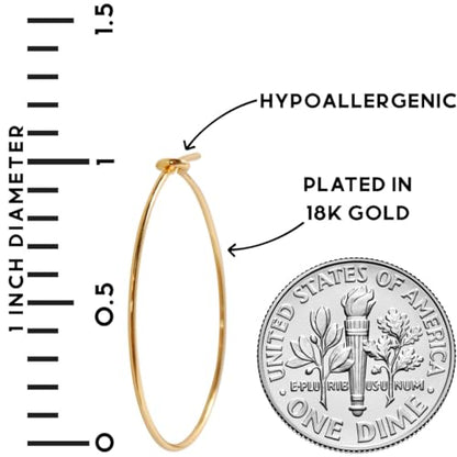 Thin Hoop Earrings for Women - Lightweight Wire Threader Loop Drop Dangles | Plated in 18K Gold or 925 Sterling Silver, Hypoallergenic and Safe for Sensitive Ears - color: 18K Gold Plated - 1" inch
