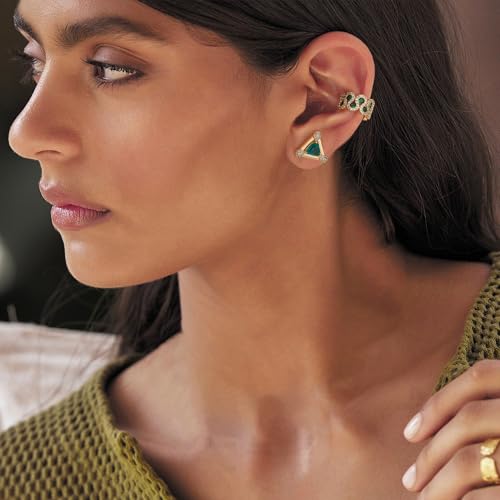 Gold Ear Cuff Earring for Women 14K Gold Plated Cubic Zirconia Non-Pierced Clip on Cartilage Chunky Ear Cuffs Hypoallergenic Jewelry - style: green cz / pair