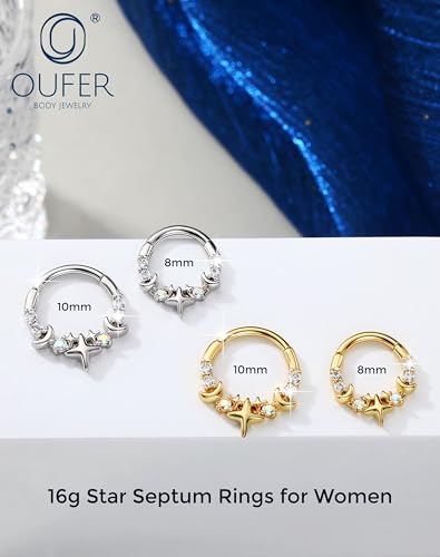 OUFER 16G Silver Gold Moon Star Hinged Segment Septum Ring 316L Surgical Stainless Steel CZ Septum Jewelry 8mm 10mm Inner Diameter with Free Tweezer Helix Tragus Conch Lip Piercing Jewelry for Women - color: Gold