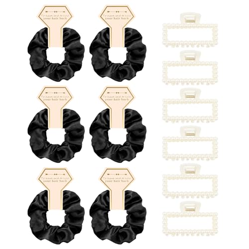 Bridesmaid Proposal Gifts, 12 PCS Bridesmaids Silk Hair Scrunchies & Pearl Hair Clips Set for Women Girls Bachelorette Party Favors Bridal Shower Favors Bridesmaids Gifts for Wedding Day (Black) - color: Black