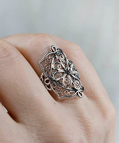 Filigranist 925 Sterling Silver Artisan Made Handcrafted Lace Embroidery Filigree Art Women Cocktail Statement Ring - style: Bold