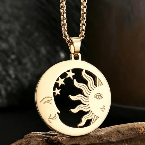 Sun Moon Star Hollow Pendant Box Chain Necklace for Women | Hollow sun moon star design represents companionship, smooth polished, versatile daily jewelry for women - color: golden