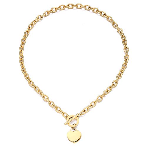 WangGao Elegent Love Stainless Steel Link Chain Blank Heart Charms Necklace for Women Toggle Clasp Closure - color: Gold, size: 23.5inches
