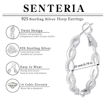 Senteria S925 Sterling Silver Post Twisted Hoop Earrings Hypoallergenic | Lightweight Silver Hoop Earrings AAAAA Cubic Zirconia Nickel Free for Sensitive Ears Twisted Hoops for Women Gifts 20-60MM - color: silver-20/60mm