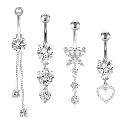 Briana Williams Belly Button Ring Belly Rings Belly Button Piercing Gold Belly Button Ring for Women Clicker Belly Ring Belly Piercing Stainless Steel 14g 10mm Blley Navel Rings Piercing Jewelry - color: C1 -4pcs, silver