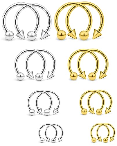 16PCS 16G Multiple Different Sizes Horseshoe Barbell Surgical Steel Nose Septum Rings Hoop Daith Earring Eyebrow Helix Vertical Lip Piercing Jewelry for Women Men - color: 16pcs,16g,diameter:6-12mm,2#