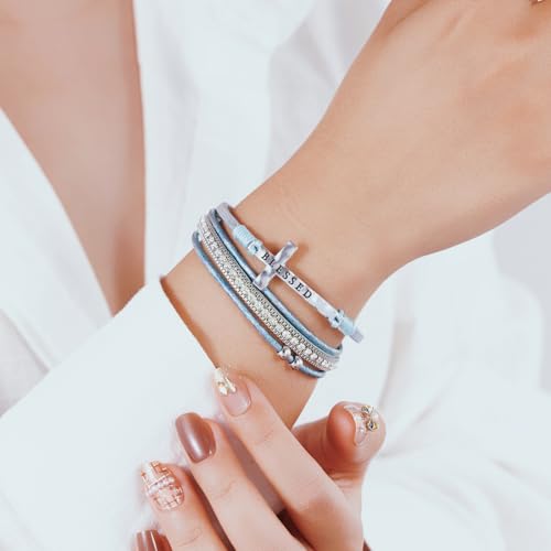 Boho Leather Wrap Bracelets Beaded Stackable Cuff Bracelet Country Concert Outfits Cowboy Cowgirl Western Jewelry Gifts for Women - color: Cross-Teal
