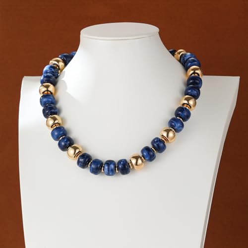 Resin Chunky Colorful Beaded Necklace | Adjustable Boho Statement Necklace,Summer Beach Party Jewelry - color: Blue