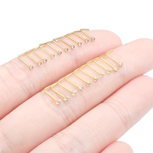 20Pcs Nose Rings Studs Surgical Steel L-Shape Nose Rings for Women 1.5mm 2mm Cubic Zirconia Nose Screw Studs Hypoallergenic Nose Piercings Jewelry 24g 22g 20g 18g - color: L-shape,goldtone, size: 22g,1.5mm CZ