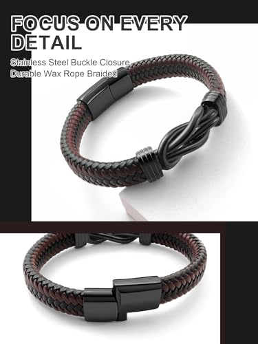 Mens Black Braided Leather Bracelet, Green/Red/Brown/Black Braided Leather Infinity Knot Bracelets for Men with Stainless Steel Clasp, 7.5/8.5/9in Length - color: 02-Black&Brown