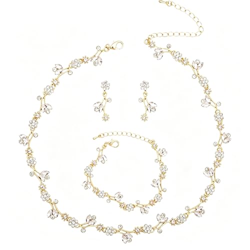 Elegant Brides Austrian Crystal Flower Choker Necklace Drop Dangle Earring Bracelet Wedding Jewelry Set for Bridesmaid Prom Costume Jewelry Set for Women - color: White-Gold Plated