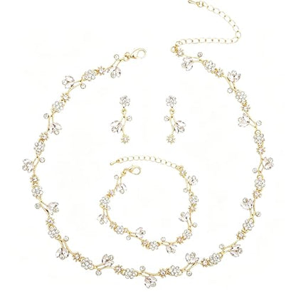 Elegant Brides Austrian Crystal Flower Choker Necklace Drop Dangle Earring Bracelet Wedding Jewelry Set for Bridesmaid Prom Costume Jewelry Set for Women - color: White-Gold Plated