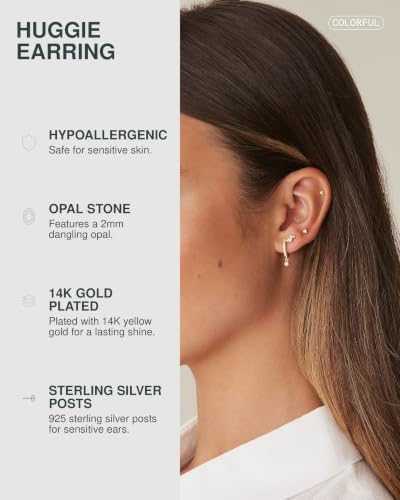 PAVOI 14K Gold Plated Huggie Hoop Earrings with Charms for Women - 925 Sterling Silver Posts Dainty Motif Huggie Hoop Dangle Earrings - Lightweight Dangle Drop Jewelry with Cubic Zirconia - style: Opal