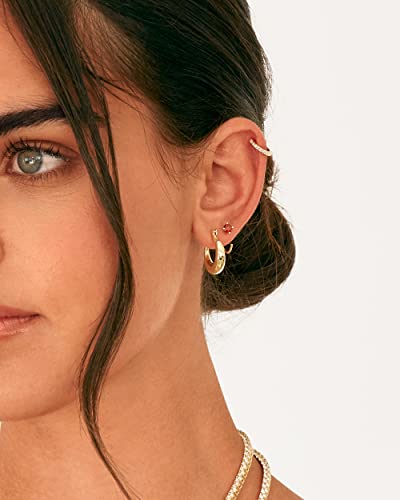 PAVOI 14K Gold 925 Sterling Silver Huggie Half Hoop Earrings for Women | Tiny Boho Colored Cartilage Earring | Blue, Green, Amethyst, Garnet, Black CZ, Turquoise, Opal, Pearl - style: Garnet