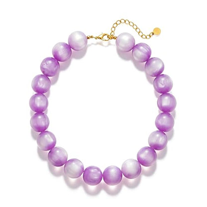 Beaded Necklace for Women Boho Chunky Large Round Beaded Statement Choker Trendy Adjustable Resin Necklaces Summer Beach Jewelry Gifts - color: Light Purple