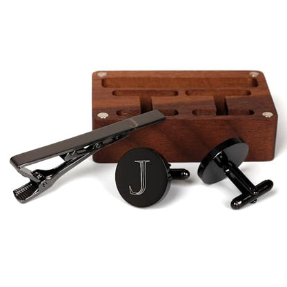 Mens Initial Cufflinks and Tie Clip A-Z Alphabet Letter Black Stainless Cuff Links Tie Bar with Engraved Walnut Wood Box Groom Groomsman Wedding Set - style: Classic-J