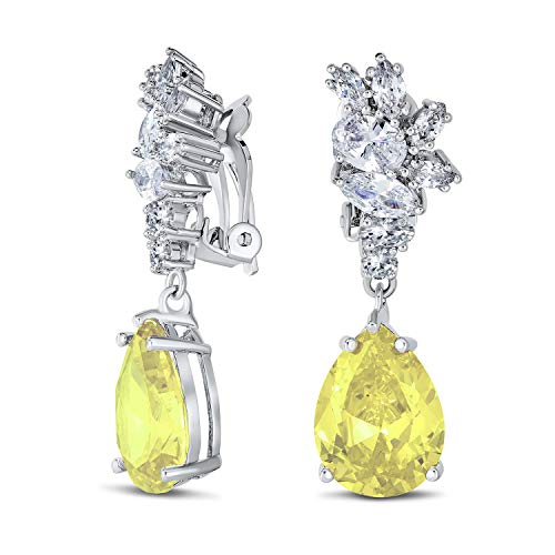 Bling Jewelry Vintage Style Simulated Gemstone Cubic Zirconia AAA CZ Statement Dangle Leaf Teardrop Formal Chandelier Clip On Earrings Wedding Prom Silver Plated - color: Yellow