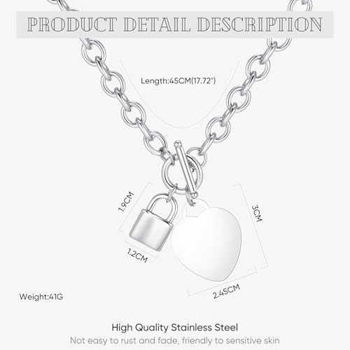 VNOX Personalized Initial Name Stainless Steel Trendy Cable Chain Bracelet Neckalce Set with Padlock Heart Charm and Toggle Clasp Closure - color: Silver Necklace
