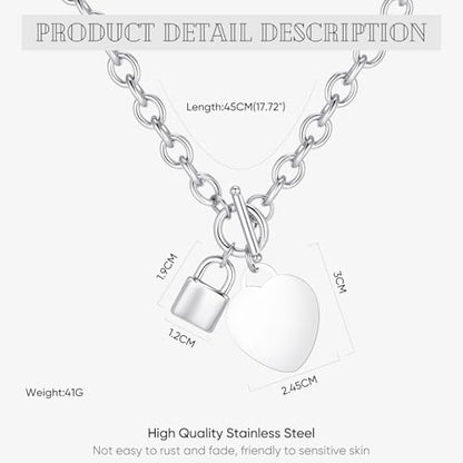 VNOX Personalized Initial Name Stainless Steel Trendy Cable Chain Bracelet Neckalce Set with Padlock Heart Charm and Toggle Clasp Closure - color: Silver Necklace