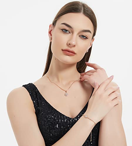 Bridesmaid Bride Wedding Jewelry Set - Round Cubic Zirconia | Earrings Necklace Bracelet Set, Hypoallergenic Prom Party Jewelry Gift for Her - color: Rose Gold