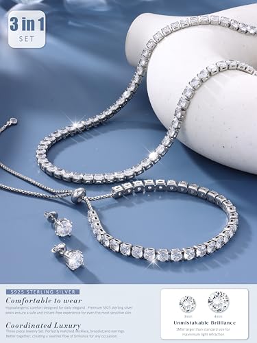 Jstyle 925 Sterling Silver Jewelry Set for Women - Dainty Tennis Necklace Bracelet Earrings Set Hypoallergenic Rhinestone Wedding Jewelry Sets for Brides Bridesmaids Crystal Prom Costume Accessories - color: Style D: Silver