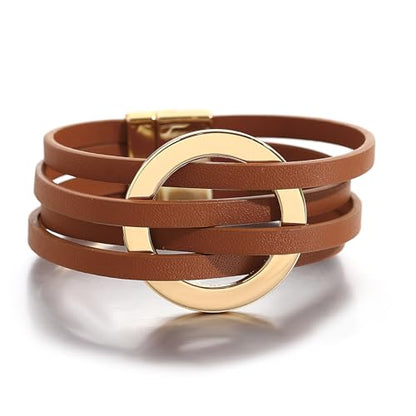 hotoo Circle Charm Bracelets for Women Handmade Leather Wrap Bracelets for Couples Friendship Bracelet Bohemian Cuff Bangle Boho Jewelry Gift - color: New Brown