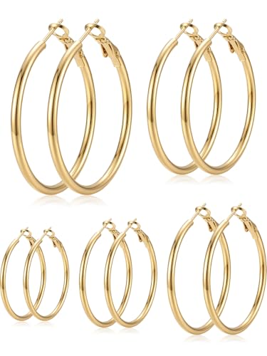 4/5/6 Pairs Gold Hoop Earrings for Women, Hypoallergenic Silver Gold Plated Stainless Steel Huggie Hoop Earrings Set Trendy Jewelry Gifts Lightweight 30/40/50/60/70MM - color: 5 Pairs gold Plated Hoop Earrings-30/40/50/60/70mm
