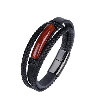 Mens Black Leather Obsidian/Turquoise/Tiger Eye/Red Agate Bracelet–Braided Multi‑Layer Wristband Cuff Bangle Bracelet with Stainless Steel Clasp Gift Jewelry Box Included - color: Red Agate, size: 9in(Fits larger wrists)
