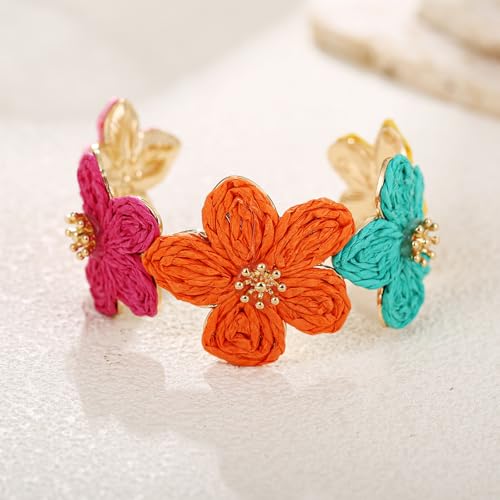 RUOFFETA Raffia Flower Cuff Bracelet for Women, Floral Chunky Bangle Wide Open Cuff Statement Bracelet - color: Colorful