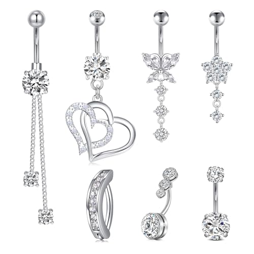Mayhoop 14G Belly Button Rings 316L Surgical Stainless Steel Dangle Clicker Belly Ring Dangling Piercing Jewelry With Heart Flower Butterfly Silver Gold Tone For Women - color: 7Pcs-silver
