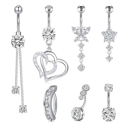 Mayhoop 14G Belly Button Rings 316L Surgical Stainless Steel Dangle Clicker Belly Ring Dangling Piercing Jewelry With Heart Flower Butterfly Silver Gold Tone For Women - color: 7Pcs-silver