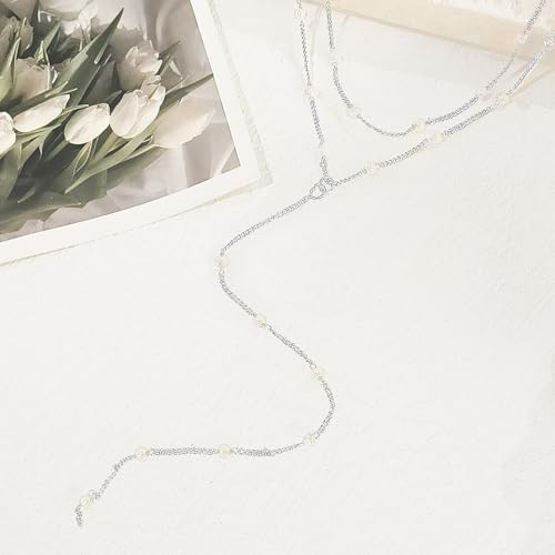 HERIER Lariat Gold Necklace for Women, Dainty Long Necklace 14k Gold Plated/Silver Y-Shaped Layered Beaded Chain Drop Necklaces for Women Trendy Simple Gold Jewelry for Women Gifts - color: Y Layered Pearl Necklace-Silver