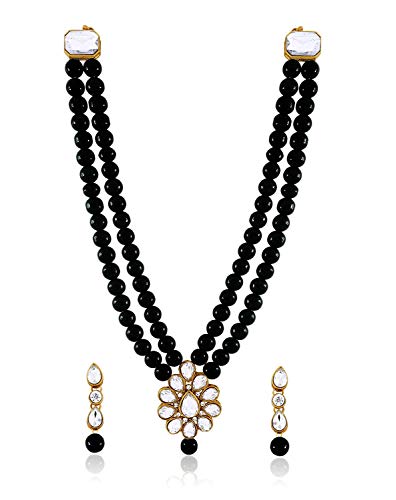 Aheli Wedding Faux Kundan Pendant Beaded Necklace Earrings Set Bollywood Indian Bharatanatyam jewellery set Gift for Women - color: Black