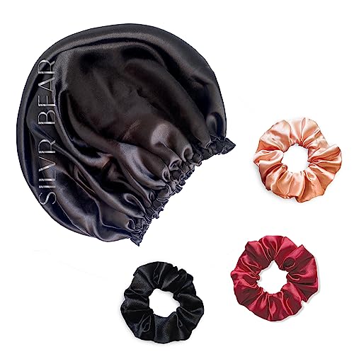 Silvr Bear Satin Sleep Bonnet for Women | Hair Sleep Bonnet| Great for Thick and Curly Hair | Reversible Black Satin Bonnet - color: Black Satin Bonnet