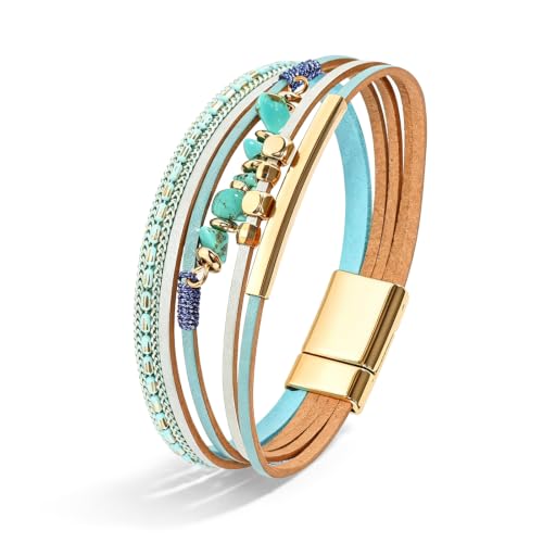 Wrapped Bracelets for Women,Leather Boho Bracelets for Women - color: Stone-Blue