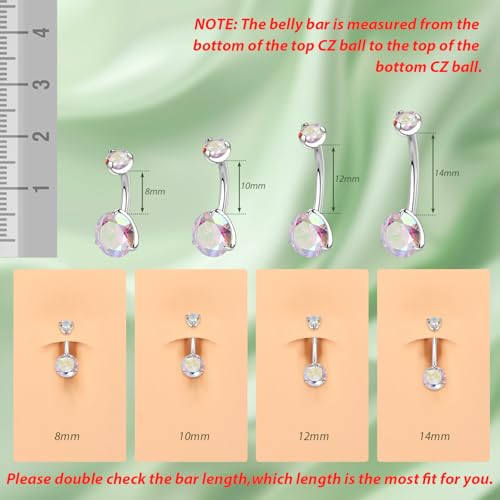 FUNLMO 14G Belly Button Ring Titanium Belly Button Piercing Belly Ring Internally Threaded Navel Piercing Jewelry - color: Silver-Aurora Borealis CZ