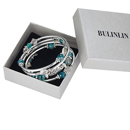 BULINLIN Layered Wrap Bangle Turquoise Bracelet - Bead Bracelet with Natural Agate Stone, Gifts For Women - color: 03-Jade Green