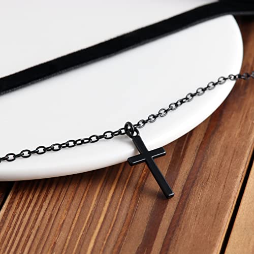Gothic Layered Necklace, Black Velvet Choker with Dark Pendant | Soft Velvet Choker, Black Pendant, Layered Chain, Dark Academia Aesthetic, Alt Fashin Jewelry, Goth Gift for Women - style: Black Cross