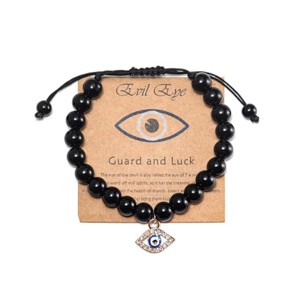Evil Eye Bracelet for Women Men Natural Stone Beads Handmade Bracelet Inspirational Bracelet with Gift Message Card Kabbalah Protection Good Luck Jewelry Gift - color: Rope Black