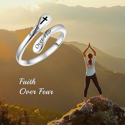 Fookduoduo 925 Sterling Silver Ring Inspirational Jewelry adjustable Wrap Open Rings for Women - style: Faith Over Fear